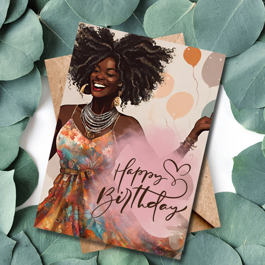 Curly Bohemian Beauty African American Birthday Card