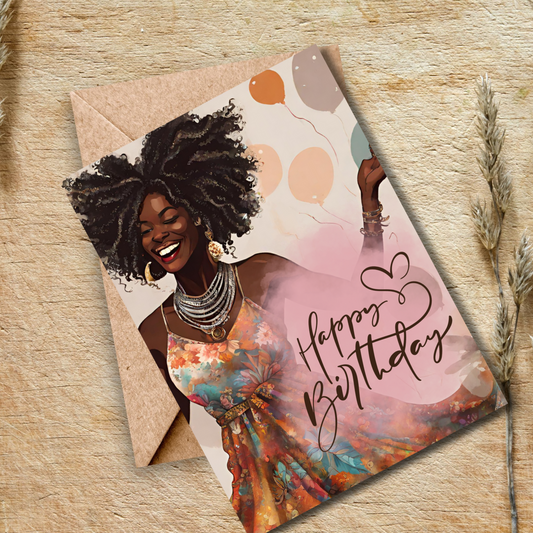 Curly Bohemian Beauty African American Birthday Card