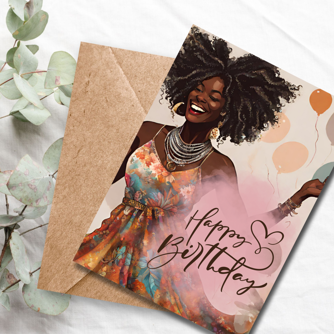 Curly Bohemian Beauty African American Birthday Card