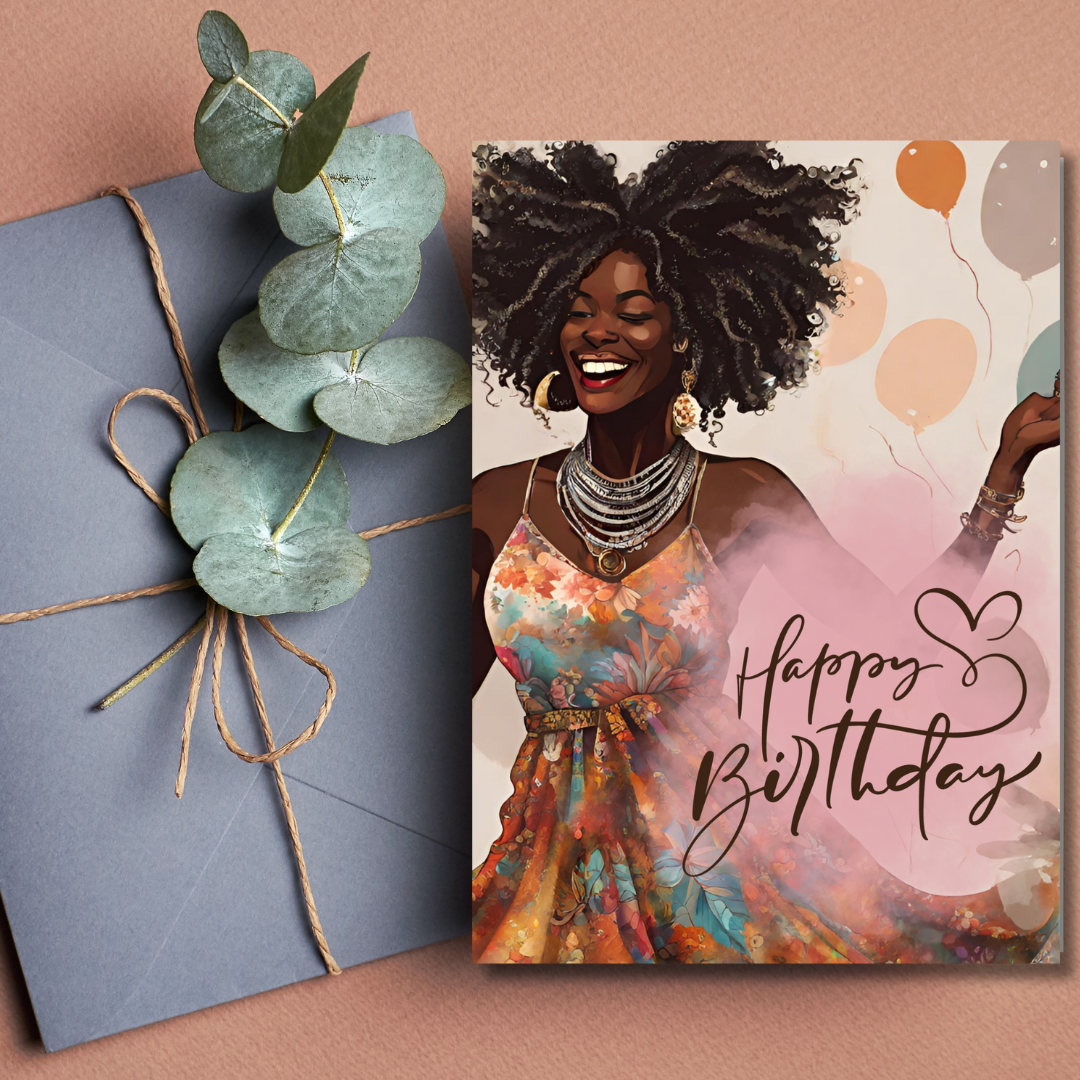 Curly Bohemian Beauty African American Birthday Card