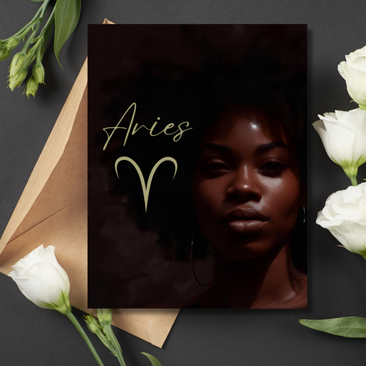 Dark Skin Beauty Aries Zodiac Greeting Card