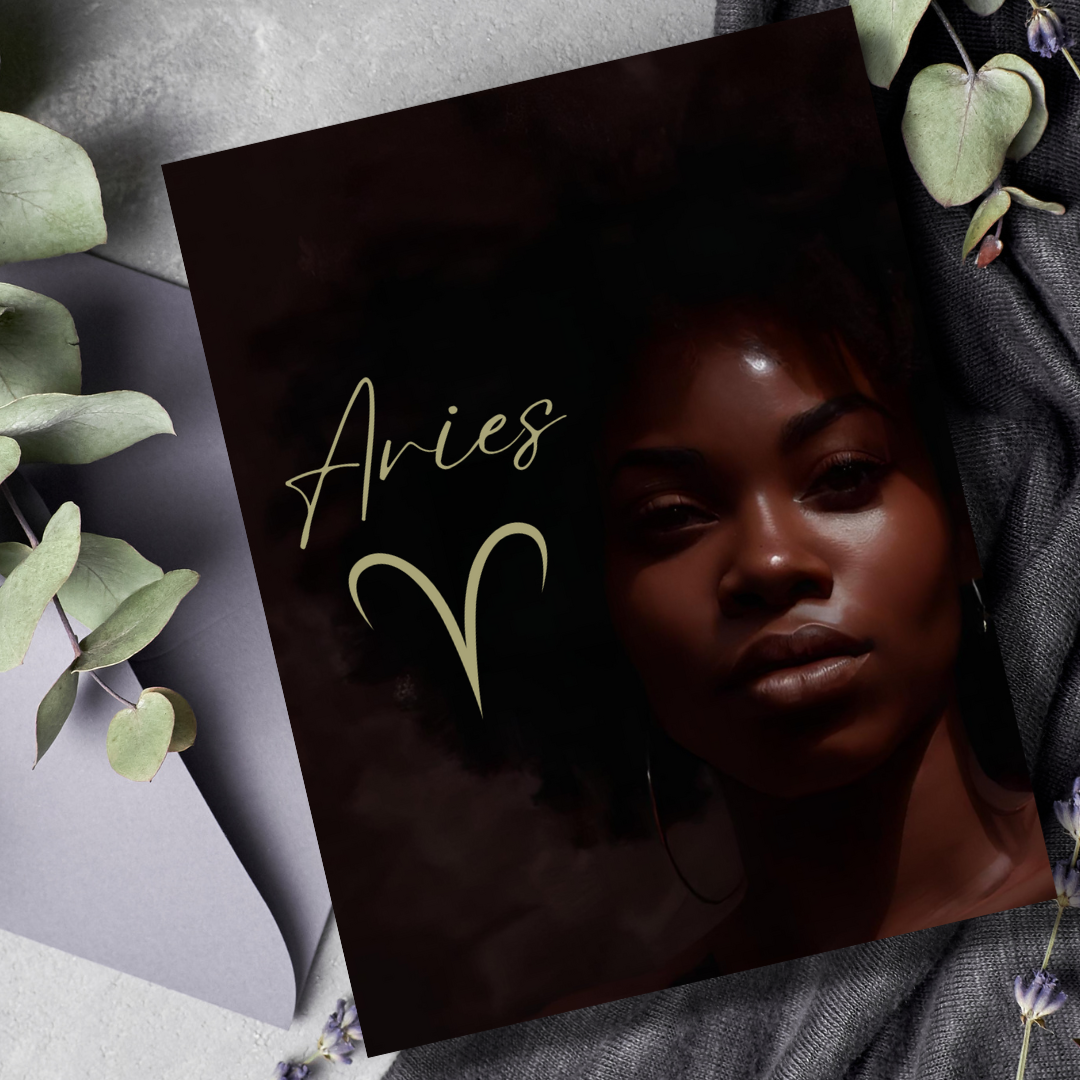 Dark Skin Beauty Aries Zodiac Greeting Card