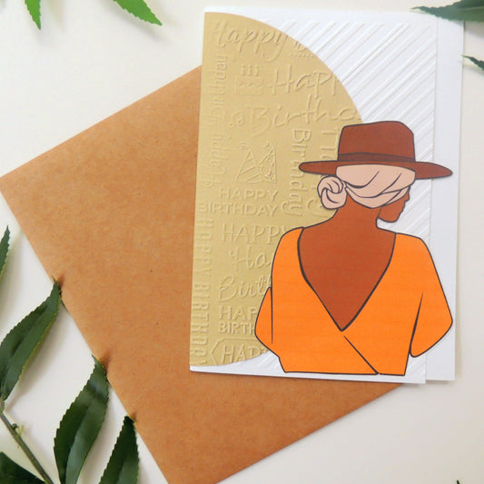 Bohemian Fedora Girl Textured Birthday Greeting Card
