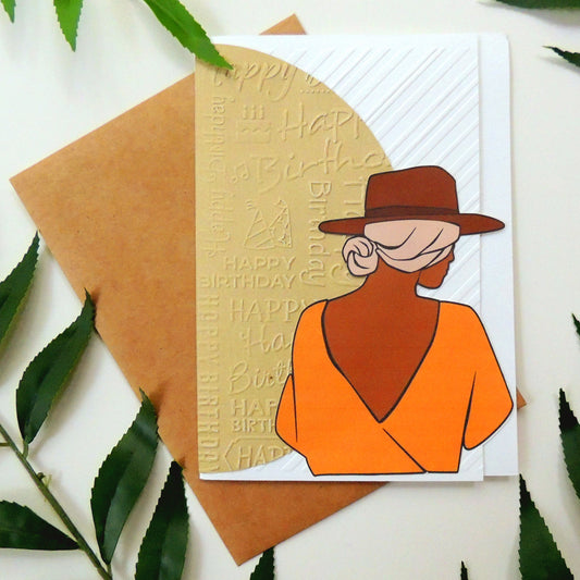 Bohemian Fedora Girl Textured Birthday Greeting Card