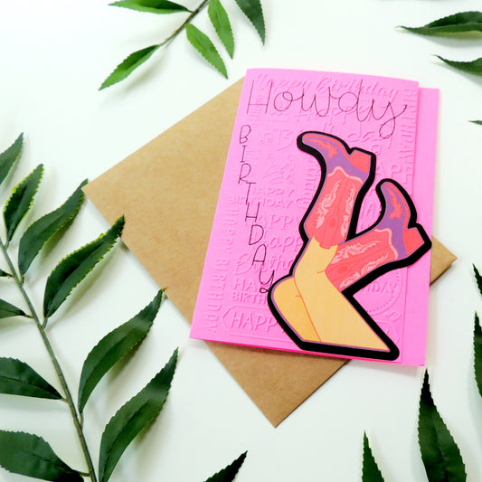 Howdy Birthday Pink Cowgirl Boot Textured Birthday Card