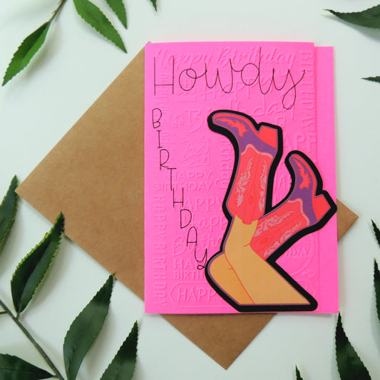 Howdy Birthday Pink Cowgirl Boot Textured Birthday Card
