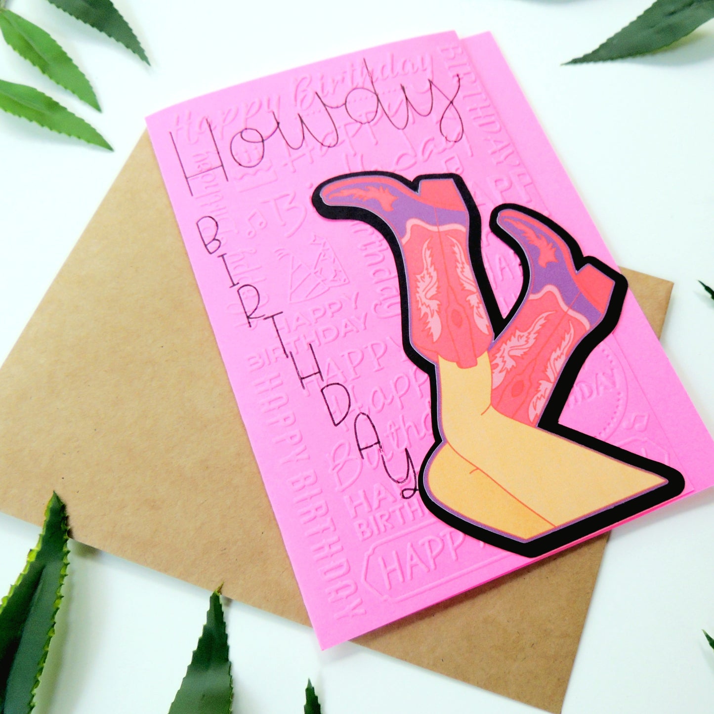 Howdy Birthday Pink Cowgirl Boot Textured Birthday Card