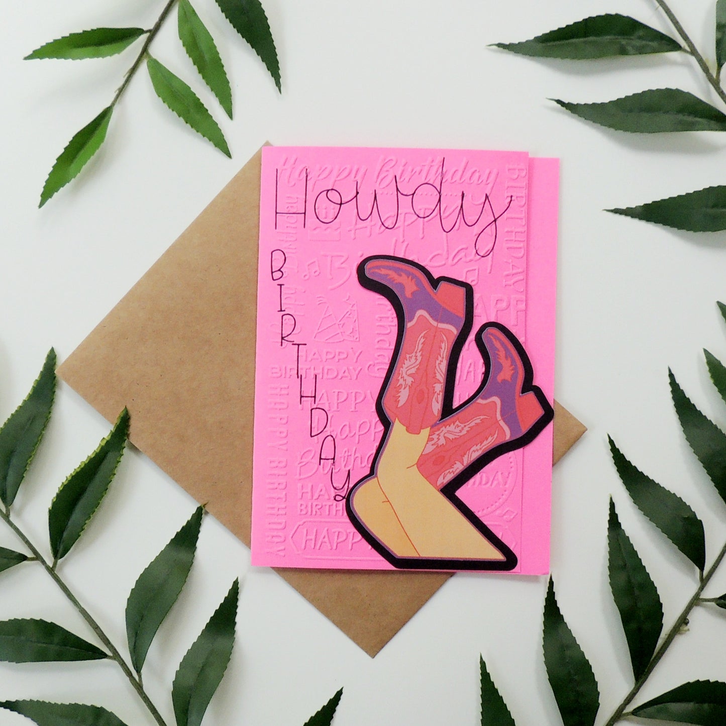Howdy Birthday Pink Cowgirl Boot Textured Birthday Card