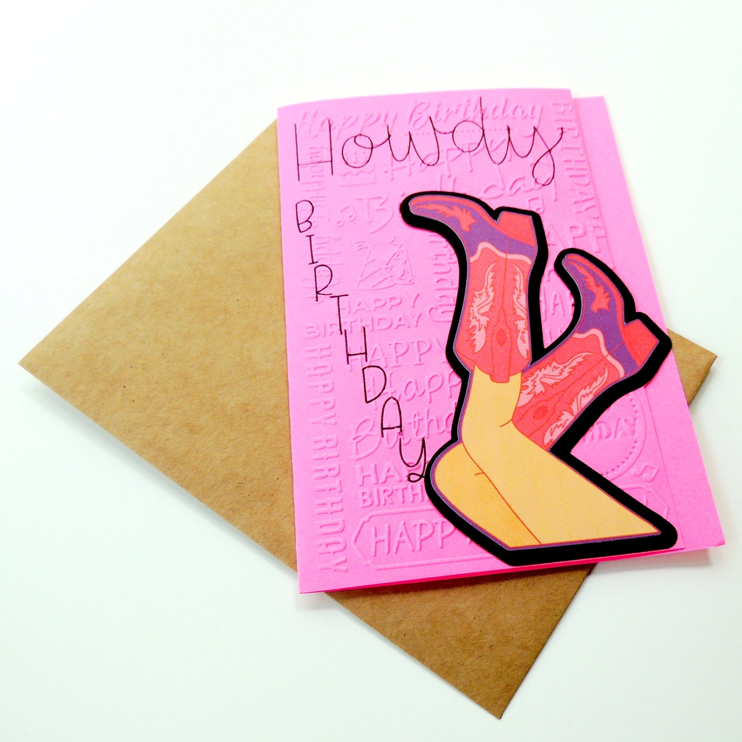 Howdy Birthday Pink Cowgirl Boot Textured Birthday Card