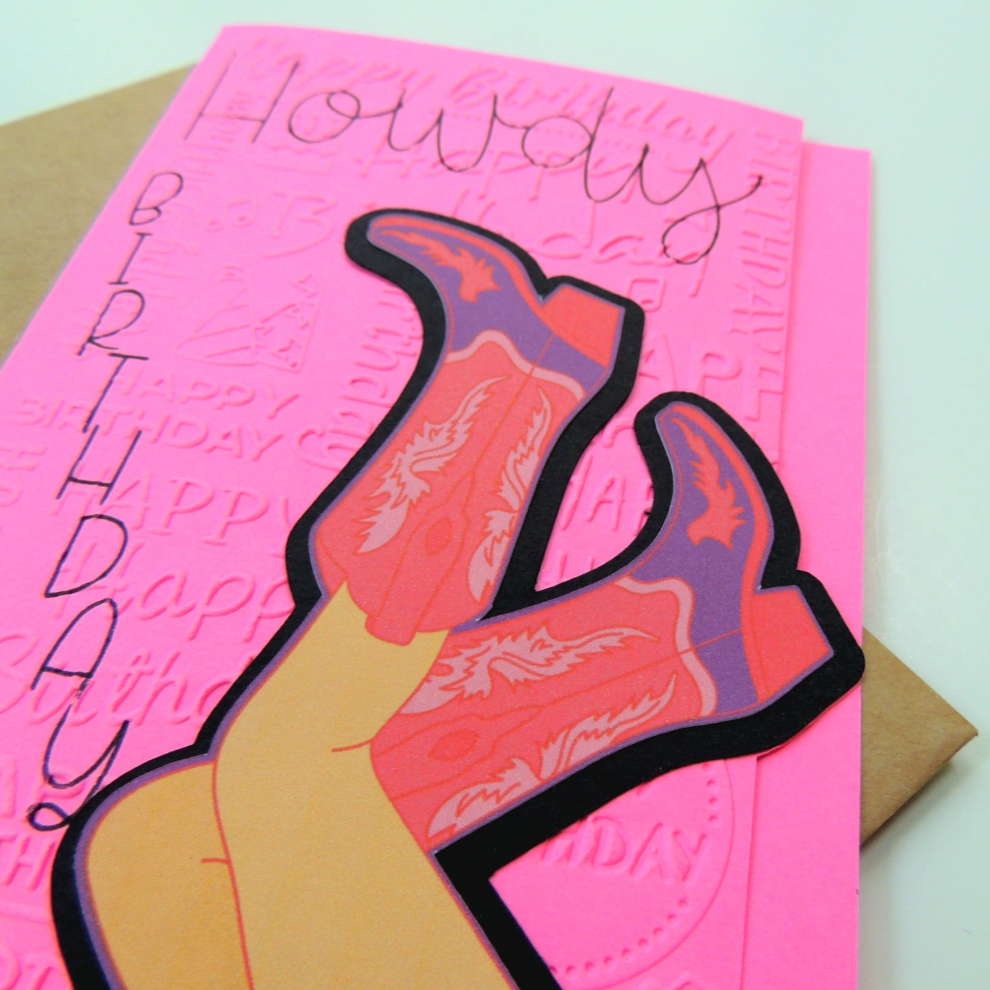 Howdy Birthday Pink Cowgirl Boot Textured Birthday Card