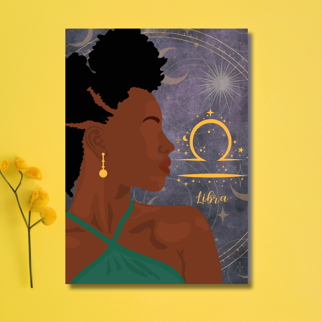 Regal African American Celestial Libra Zodiac Birthday Card