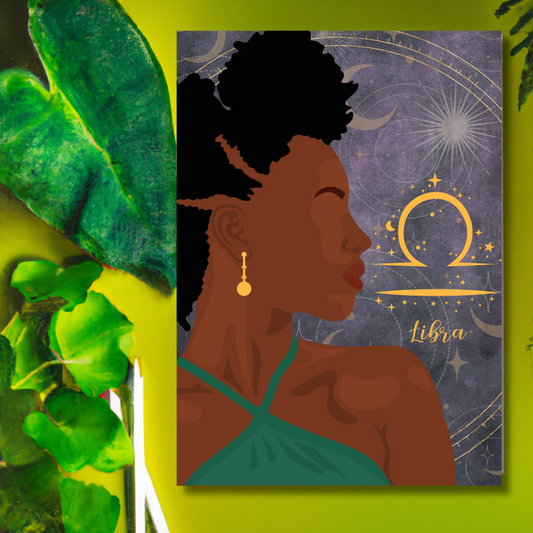 Regal African American Celestial Libra Zodiac Birthday Card