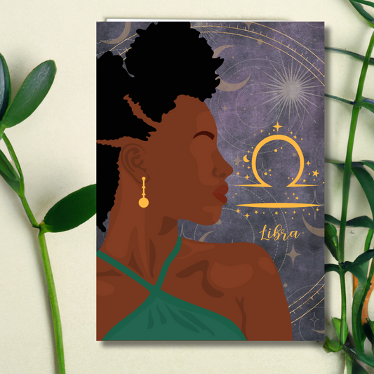 Regal African American Celestial Libra Zodiac Birthday Card