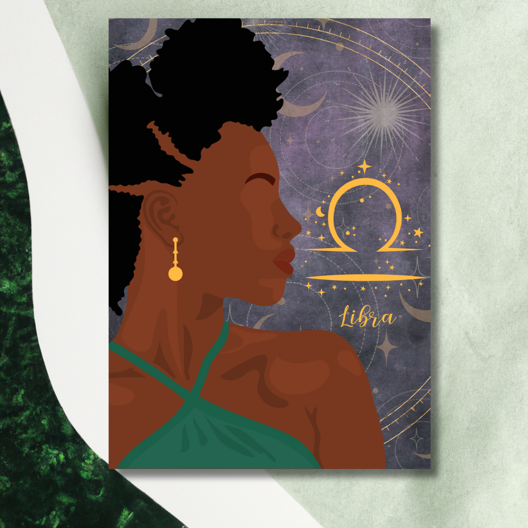 Regal African American Celestial Libra Zodiac Birthday Card