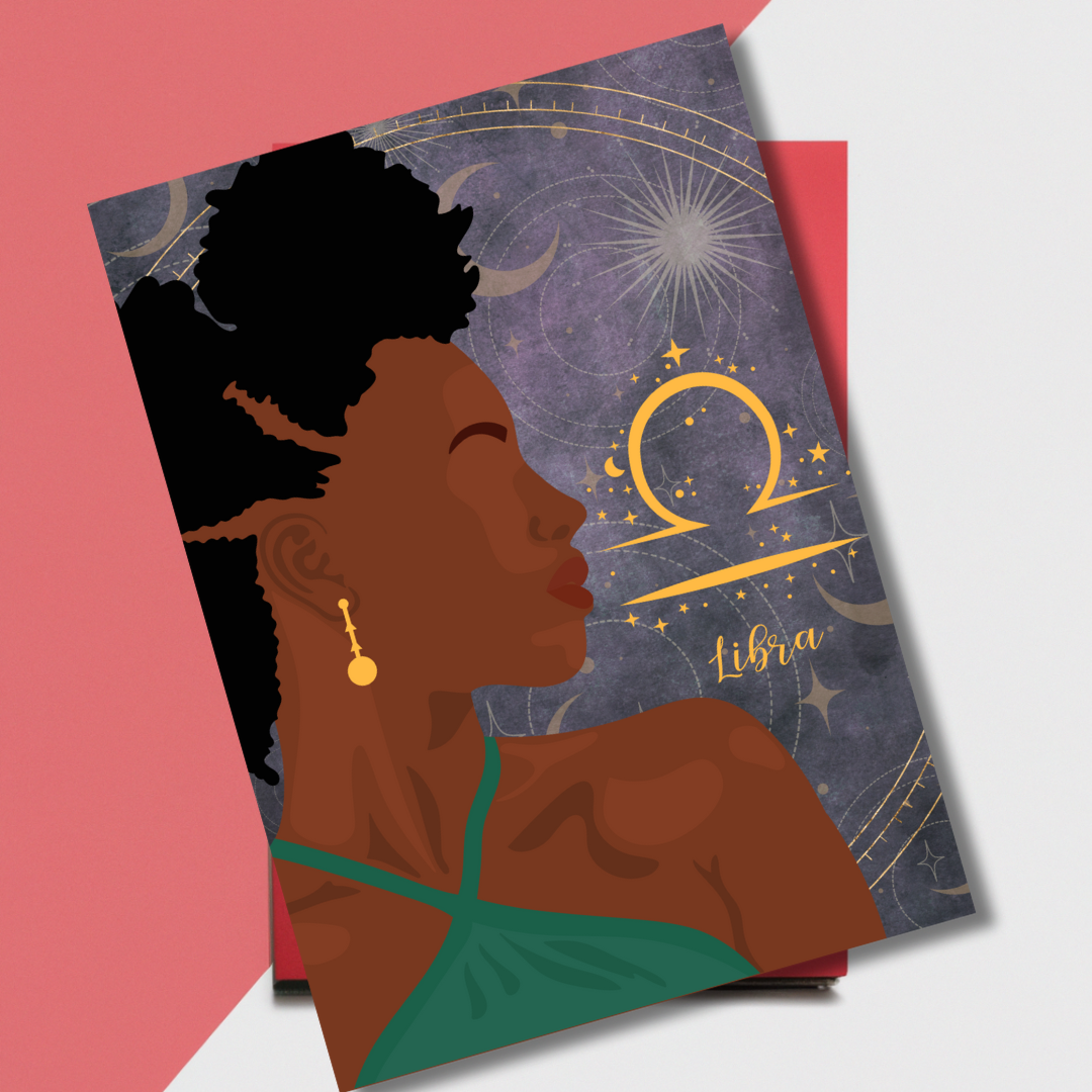 Regal African American Celestial Libra Zodiac Birthday Card