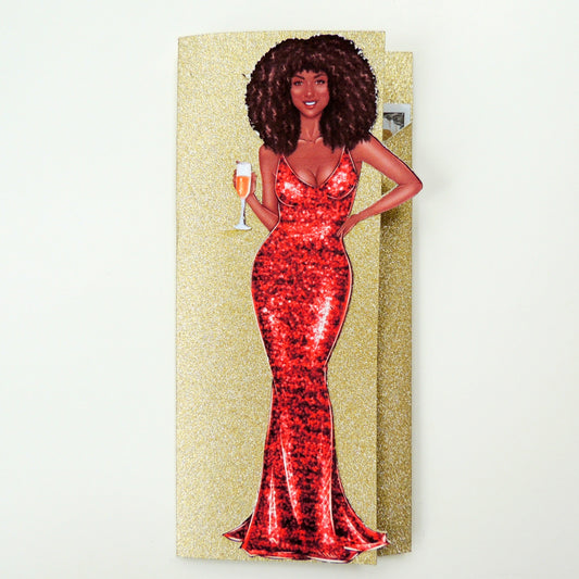 Glitter Curvy Black Woman Red Money Holder Greeting Card